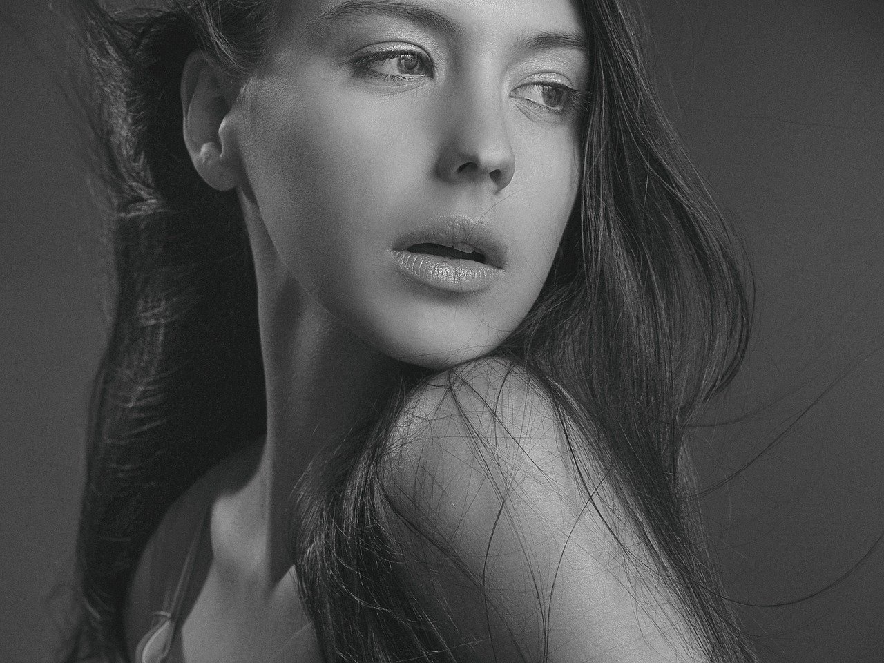 Contact information - girl, studio, female, woman, profile, black and white